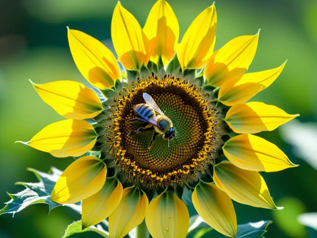 Detalle impresionante de una abeja sobre un girasol, con alas translúcidas y polen