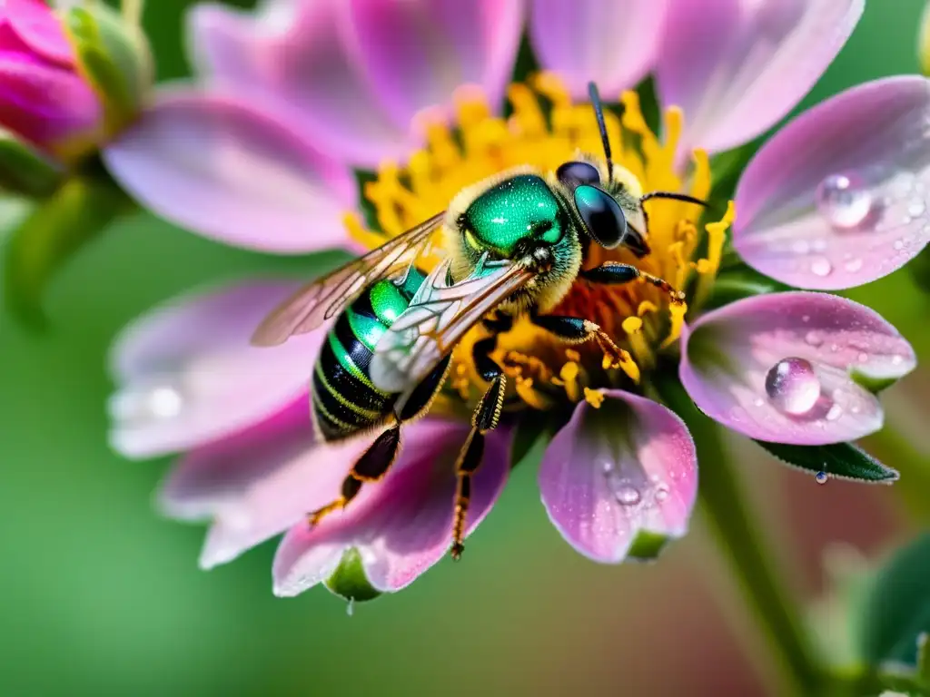 Detalle impresionante de una abeja sudor verde metálico en una flor rosada