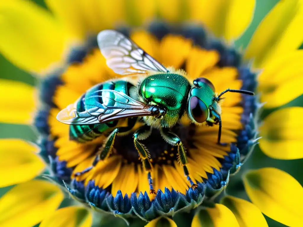 Detalle impresionante de una abeja sudorosa metálica verde (Agapostemon) en un girasol