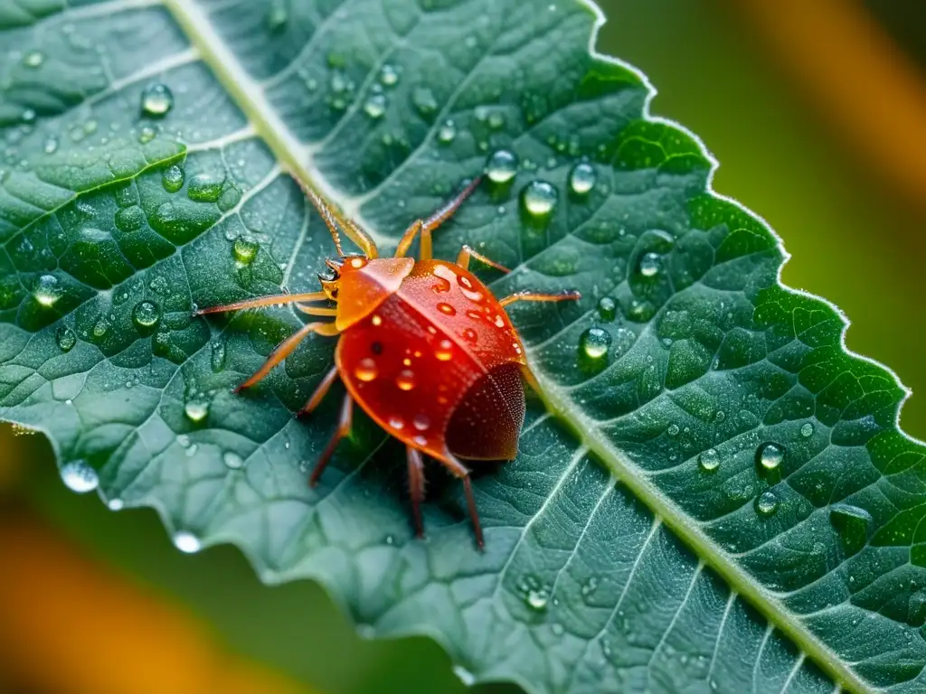 Detalle impresionante de ácaros rojos en hoja de tomate