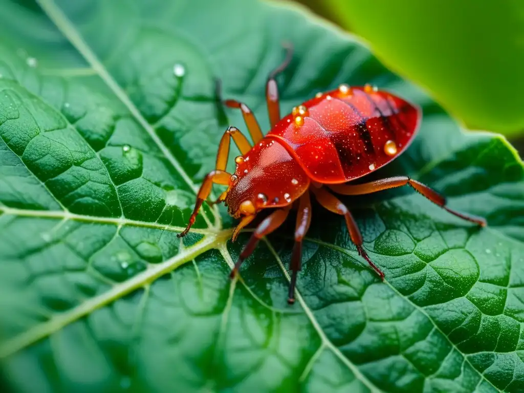 Detalle impresionante de ácaros rojos infestando hoja de pimiento