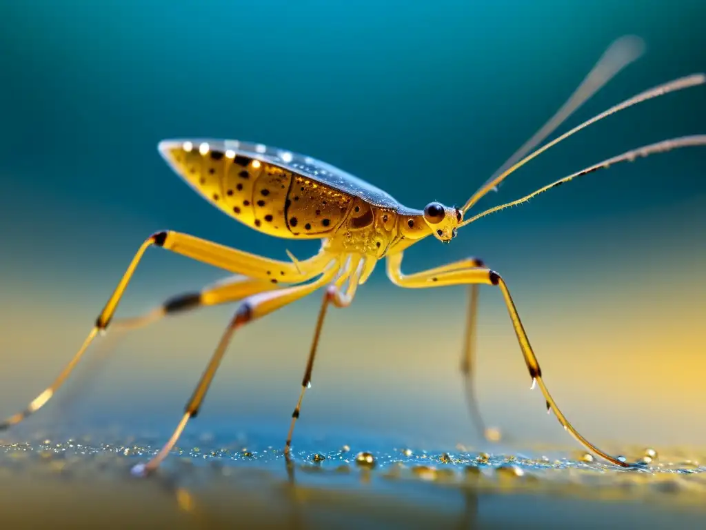 Detalle impresionante de las adaptaciones anatómicas de insectos acuáticos en las patas de un zapatero de agua