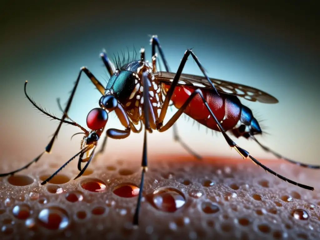 Detalle impresionante de mosquito Aedes aegypti alimentándose de sangre humana