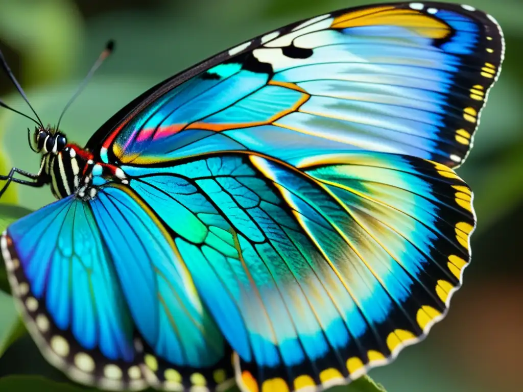 Detalle impresionante de ala de mariposa, mostrando patrones e iridiscencia