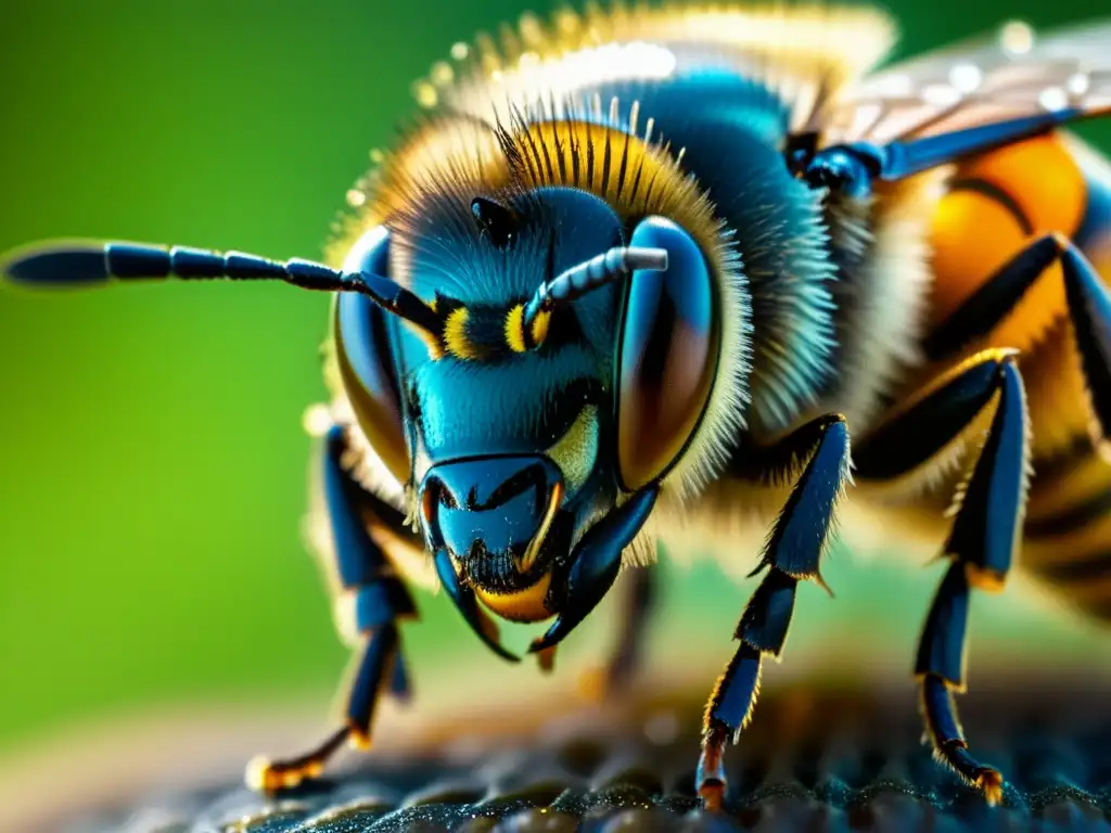 Detalle impresionante de las antenas de una abeja con gotas de néctar