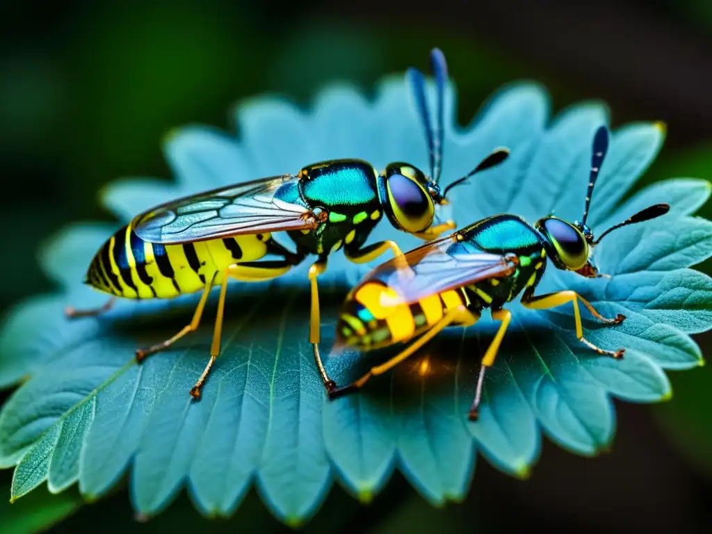 Detalle impresionante del apareamiento de insectos nocturnos en un bosque iluminado por la luna