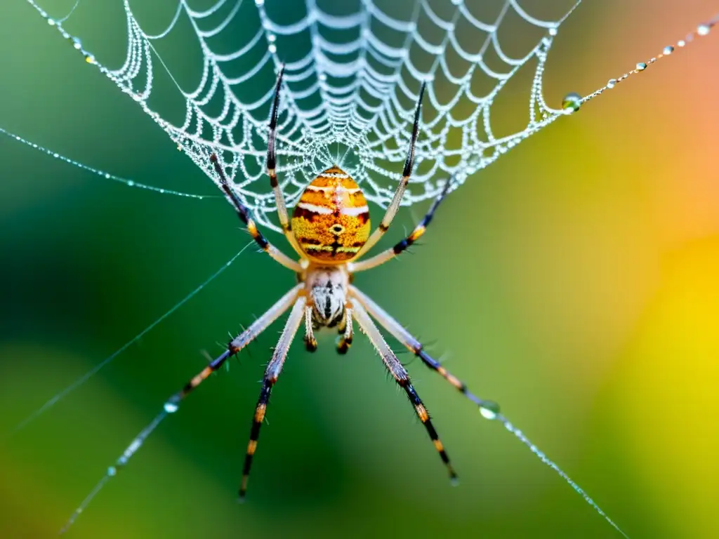 Detalle impresionante de una araña tejedora en su tela con rocío