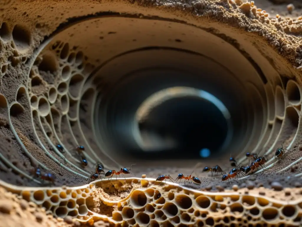 Detalle impresionante de la arquitectura de hormigueros en ecosistemas, revelando la compleja red de túneles y cámaras bajo tierra