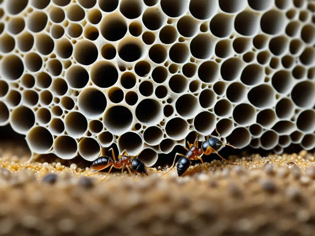 Detalle impresionante de la arquitectura de hormigueros en ecosistemas, con intrincadas redes de túneles y actividad frenética de las hormigas