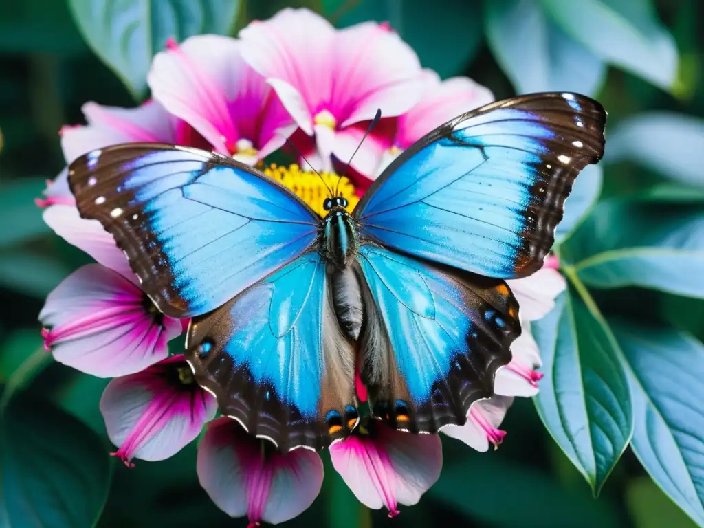 Detalle impresionante de mariposa morpho azul sobre flor rosa, destacando importancia insectos polinizadores ecosistemas globales