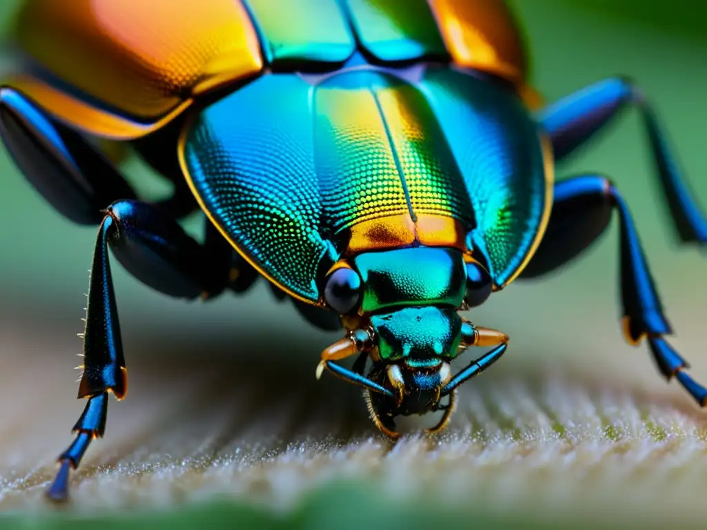 Detalle impresionante del brillo iridiscente y patrones del exoesqueleto de un escarabajo coleóptero, mostrando adaptaciones únicas para volar