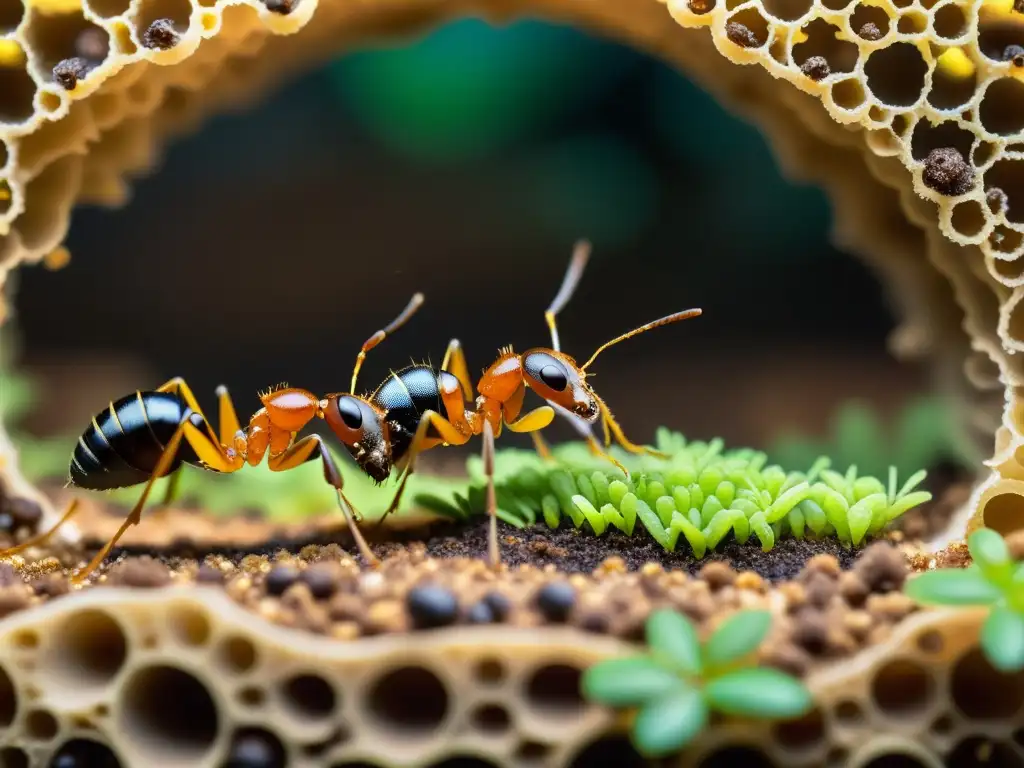 Detalle impresionante de una bulliciosa colonia de hormigas, con sistemas de defensa y la reina rodeada de sus cuidadoras