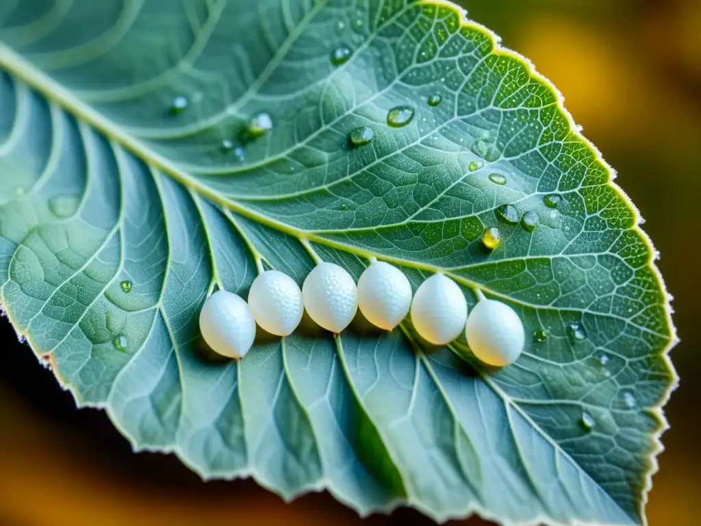 Detalle impresionante del ciclo de vida de las plagas: un racimo de huevos de polillas en una hoja, con patrones y texturas intrincados