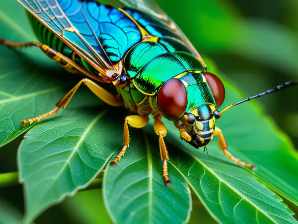 Detalle impresionante de una cigarra en una hoja verde, revelando su bioacústica como mecanismo de defensa