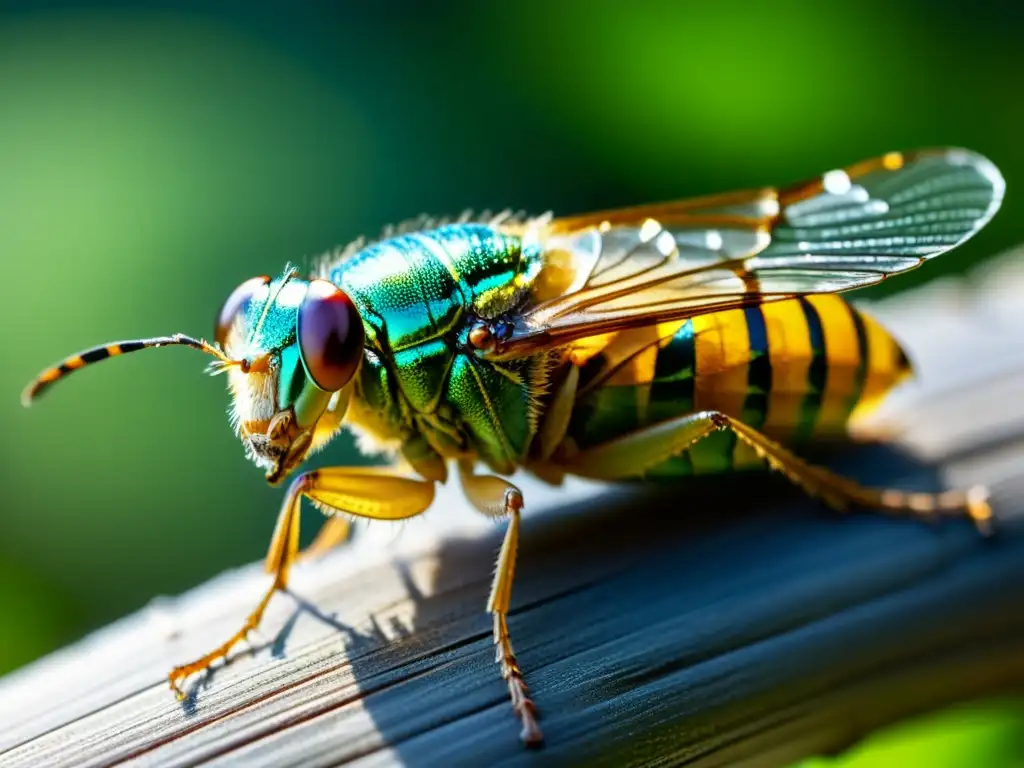 Detalle impresionante de una cigarra posada en una rama, sus alas translúcidas brillan al sol