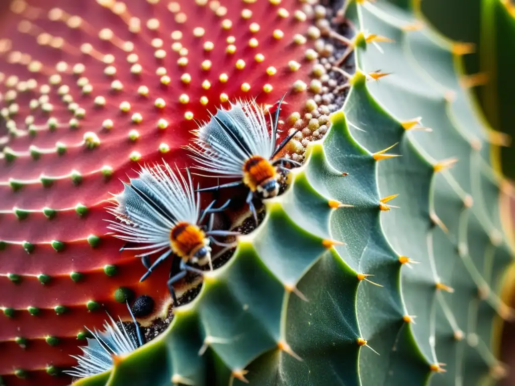 Detalle impresionante de cochinillas rojas en cactus, impacto colorantes naturales dieta