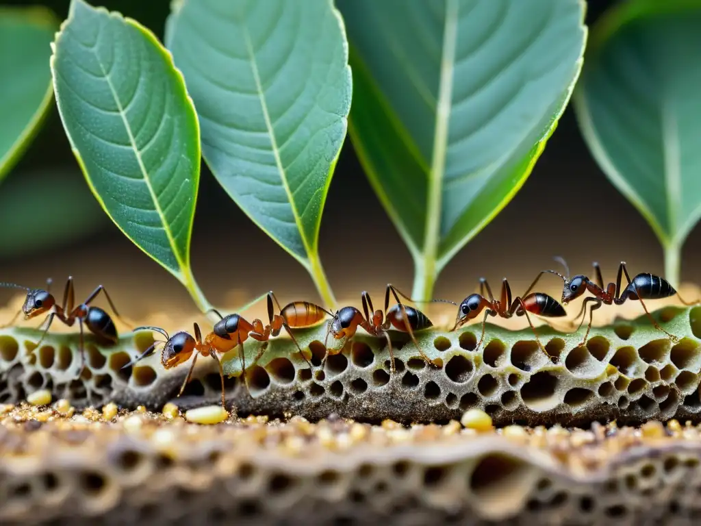 Detalle impresionante de una colonia de hormigas trabajando juntas, resaltando la importancia de los insectos en ecología