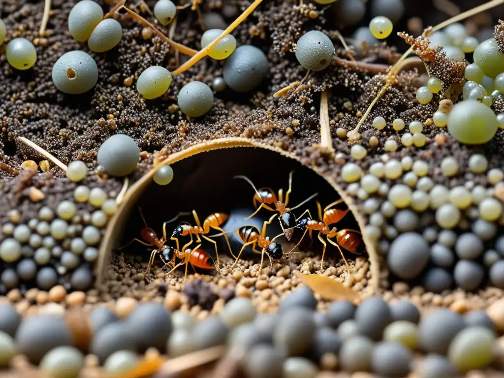 Detalle impresionante de una colonia de hormigas trabajadoras transportando materia orgánica, resaltando la importancia de las hormigas en ecología