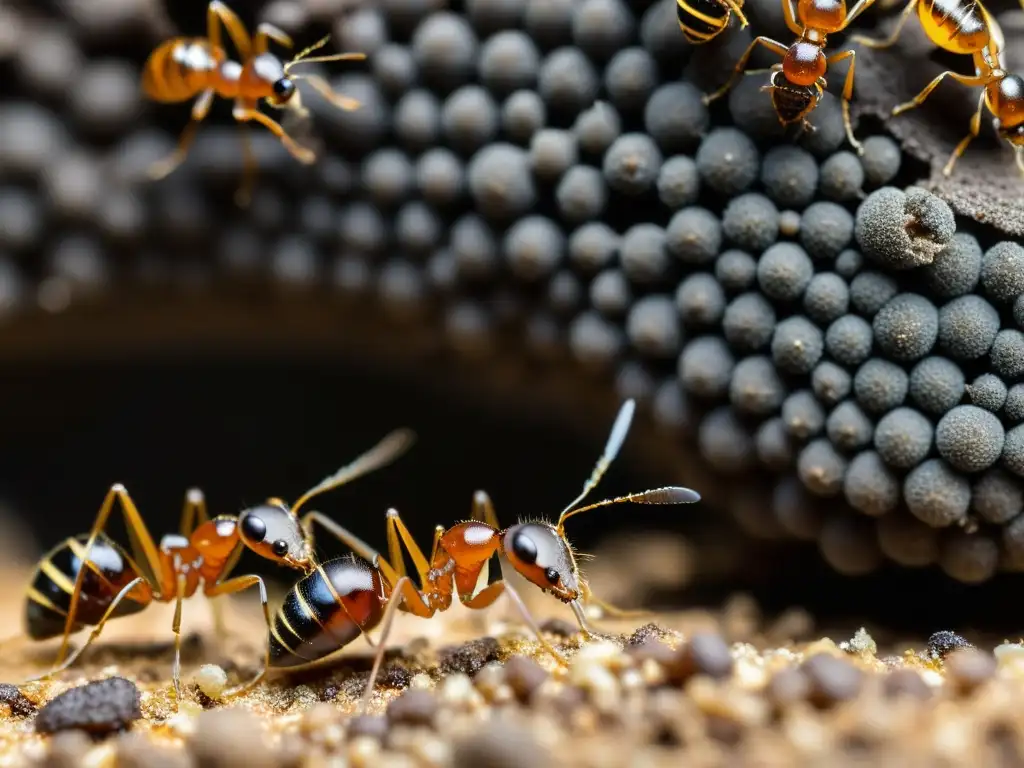 Detalle impresionante de una colonia de hormigas, resaltando la importancia de la vida social en insectos