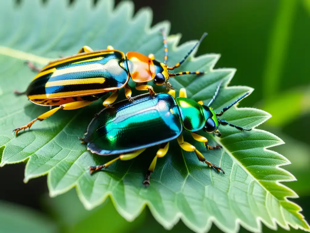 Detalle impresionante de coloridos escarabajos en hoja verde, mostrando resiliencia genética en insectos tras catástrofes