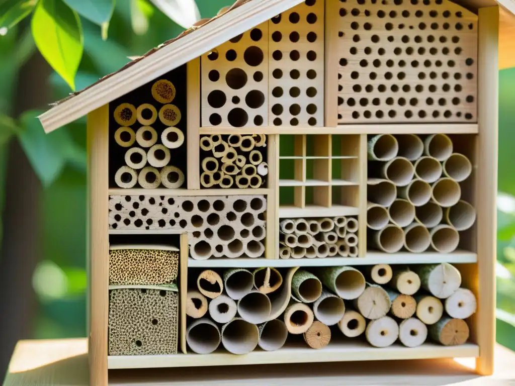 Detalle impresionante de la construcción de un hotel de insectos para jardín, con texturas y luz natural cálida