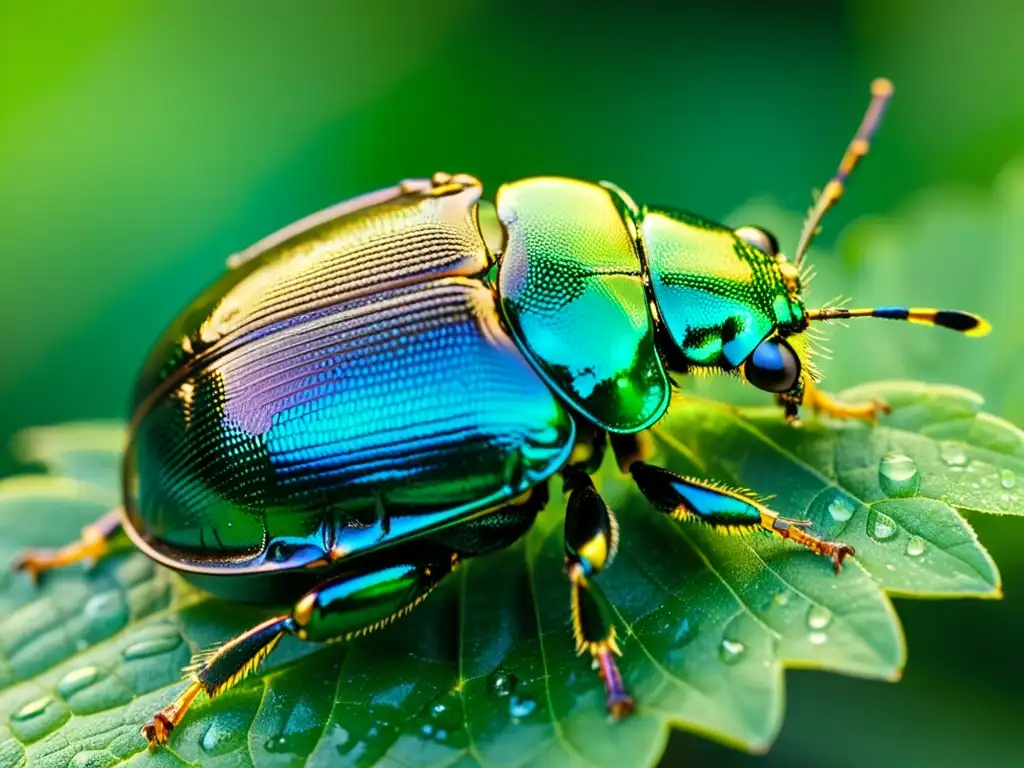 Detalle impresionante de un escarabajo brillante sobre una hoja húmeda, resaltando la importancia de los insectos en ecosistemas