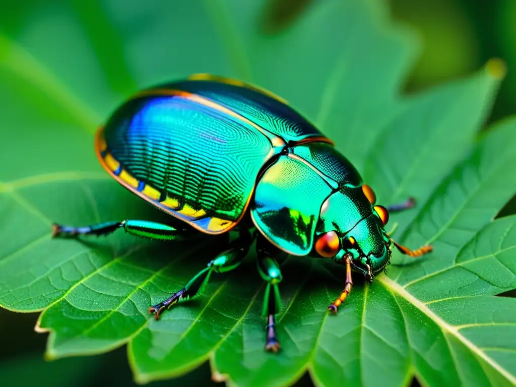 Detalle impresionante del escarabajo, con su exoesqueleto iridiscente brillando en una hoja verde