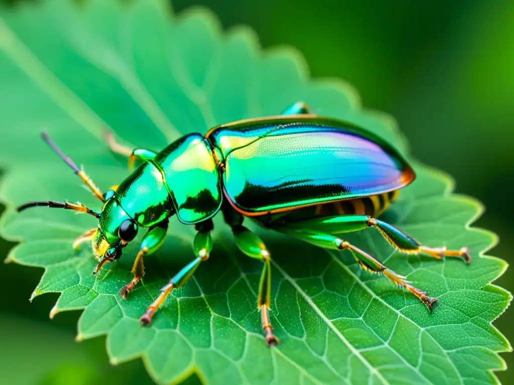 Detalle impresionante de un escarabajo iridiscente en un entorno etéreo