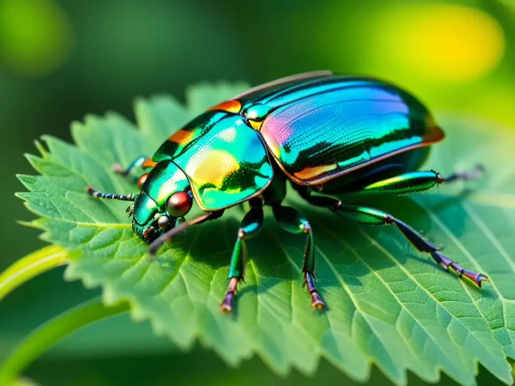 Detalle impresionante de un escarabajo iridiscente en una hoja, perfecto para aplicaciones de identificación de insectos para aficionados entomólogos