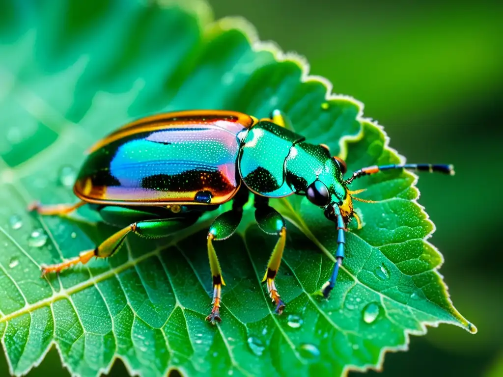 Detalle impresionante de un escarabajo iridiscente en una hoja verde brillante, rodeado de rocío, destacando la belleza delicada y compleja del mundo de los microorganismos insectos papel salud intestinal