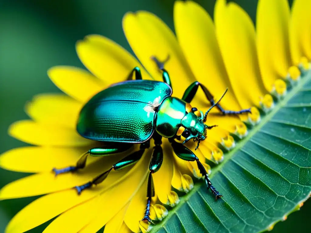 Detalle impresionante de un escarabajo iridiscente verde metálico en una flor amarilla, destacando las estrategias de vida insectos extremófilos