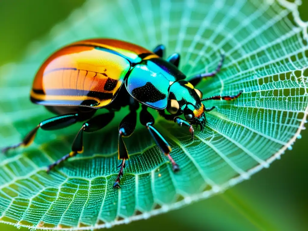 Detalle impresionante de un escarabajo iridiscente sobre una telaraña, mostrando la influencia de los insectos en arte contemporáneo