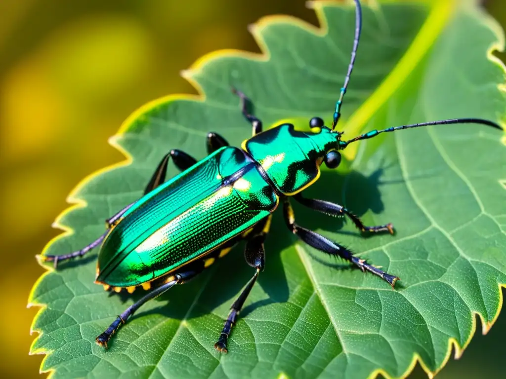 Detalle impresionante de un escarabajo longicornio iridiscente en una hoja al sol