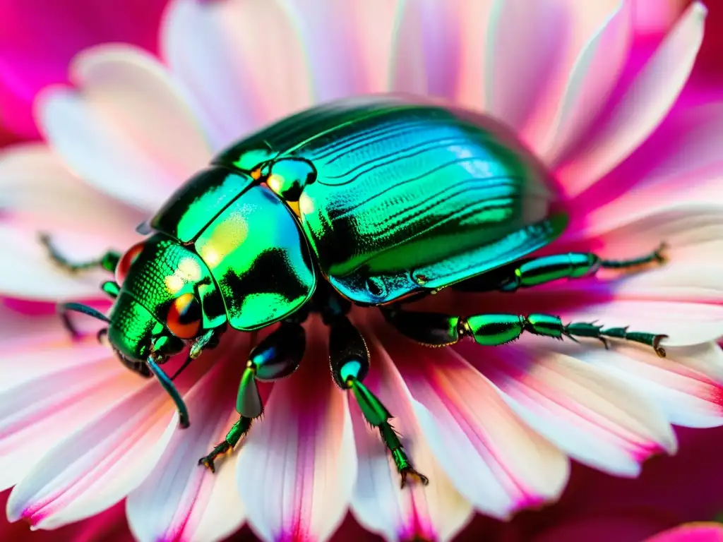 Detalle impresionante de un escarabajo metálico verde posado en un pétalo rosa, simbolizando la antigua simbología de insectos en civilizaciones