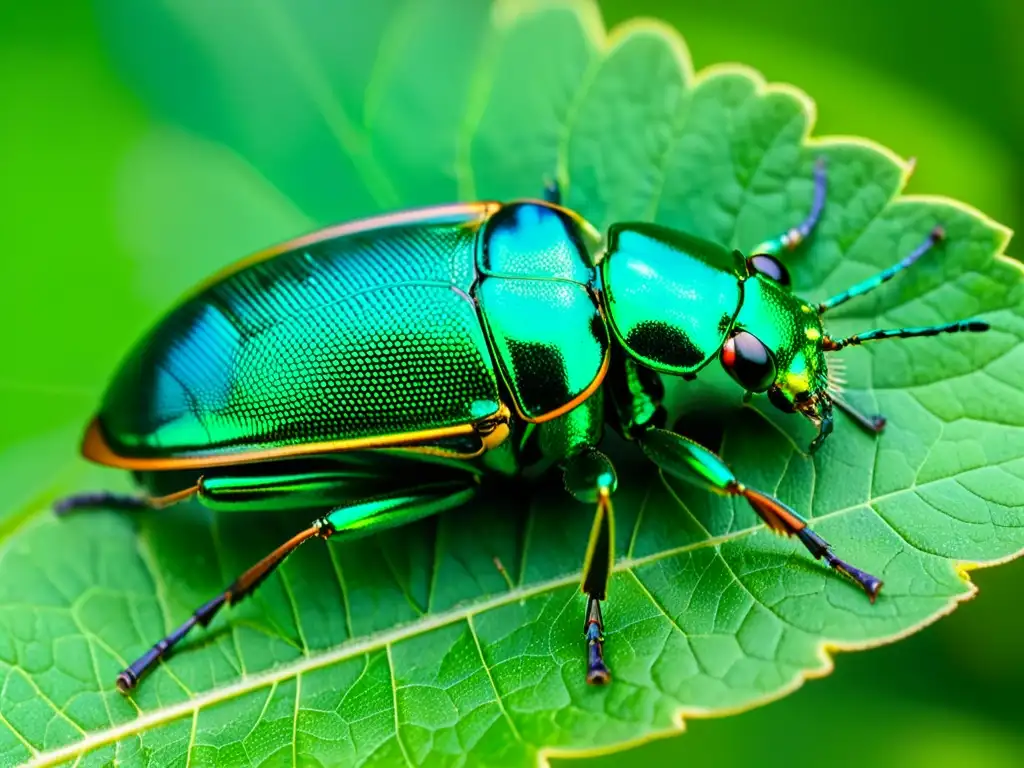 Detalle impresionante de un escarabajo metálico verde iridiscente en una hoja verde vibrante