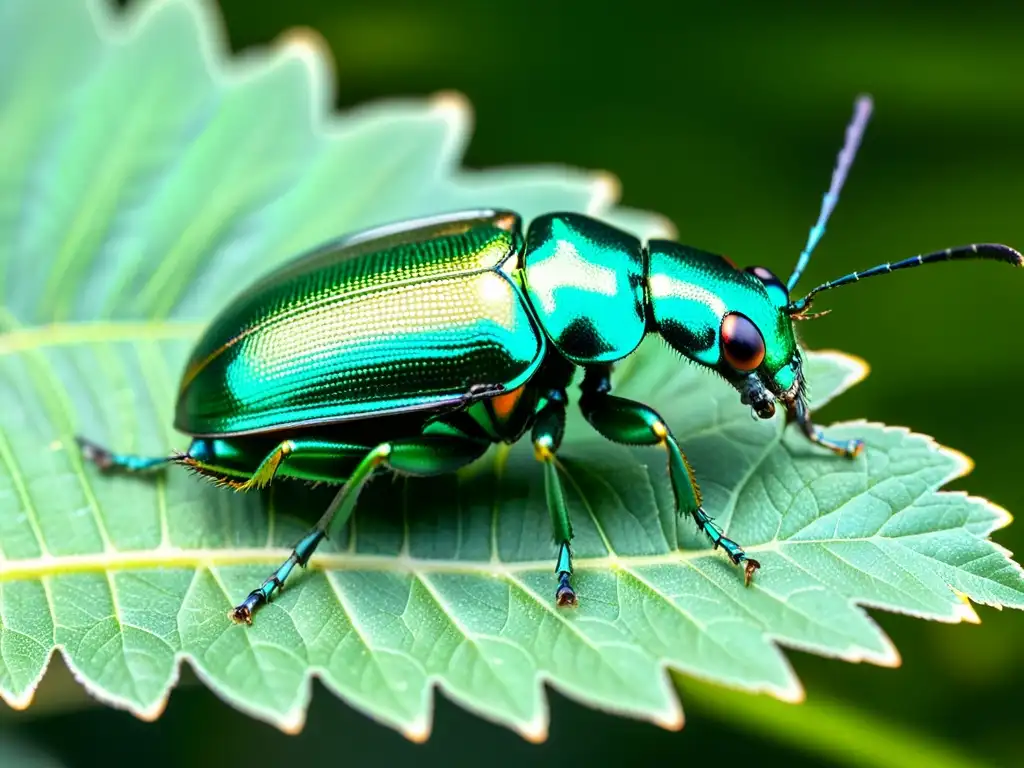 Detalle impresionante de un escarabajo metálico verde posado en una hoja, resaltando la importancia de la filogeografía de escarabajos