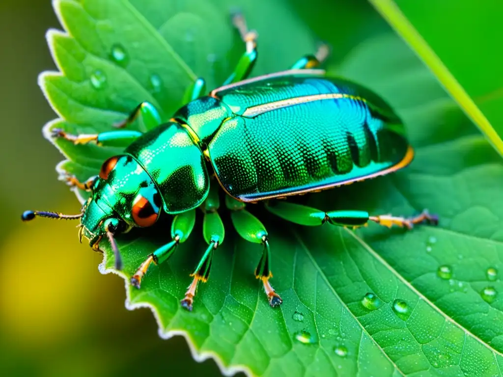 Detalle impresionante de un escarabajo metálico verde sobre una hoja, mostrando sus patrones y texturas