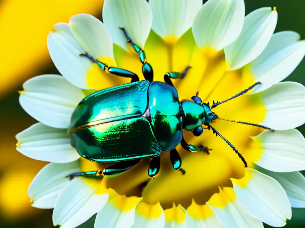 Detalle impresionante del escarabajo metálico verde sobre estambre amarillo