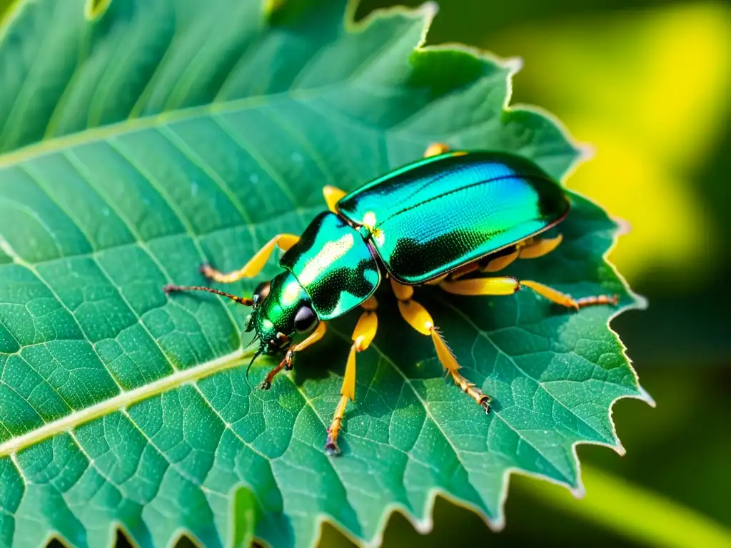 Detalle impresionante de un escarabajo metálico verde en una hoja vibrante