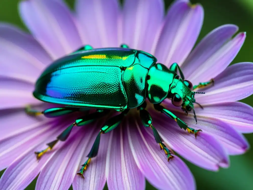 Detalle impresionante de un escarabajo metálico verde en una flor morada, capturando la magia de las técnicas macrofotografía insectos detallados