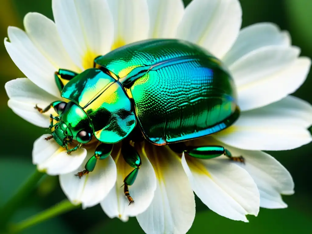 Detalle impresionante de un escarabajo metálico verde reposando en un pétalo de flor, simbolizando transformación y renovación en arte de insectos