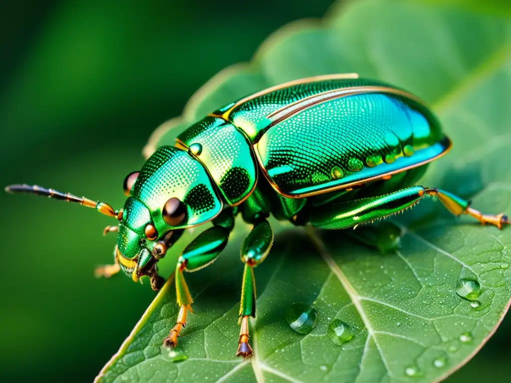 Detalle impresionante de un escarabajo verde metálico en una hoja, resaltando la belleza e importancia de la conservación de insectos en zoológicos