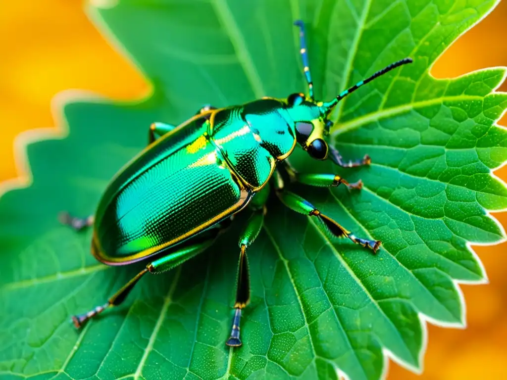 Detalle impresionante de un escarabajo verde sobre una hoja, resaltando la importancia de la entomología en economía circular