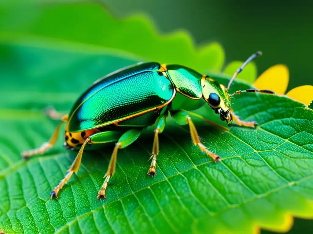 Detalle impresionante de un escarabajo verde sobre una hoja cubierta de rocío, capturado con técnicas de macrofotografía de insectos detallados