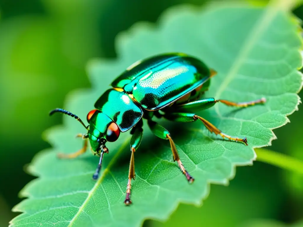 Detalle impresionante de un escarabajo verde metálico sobre una hoja