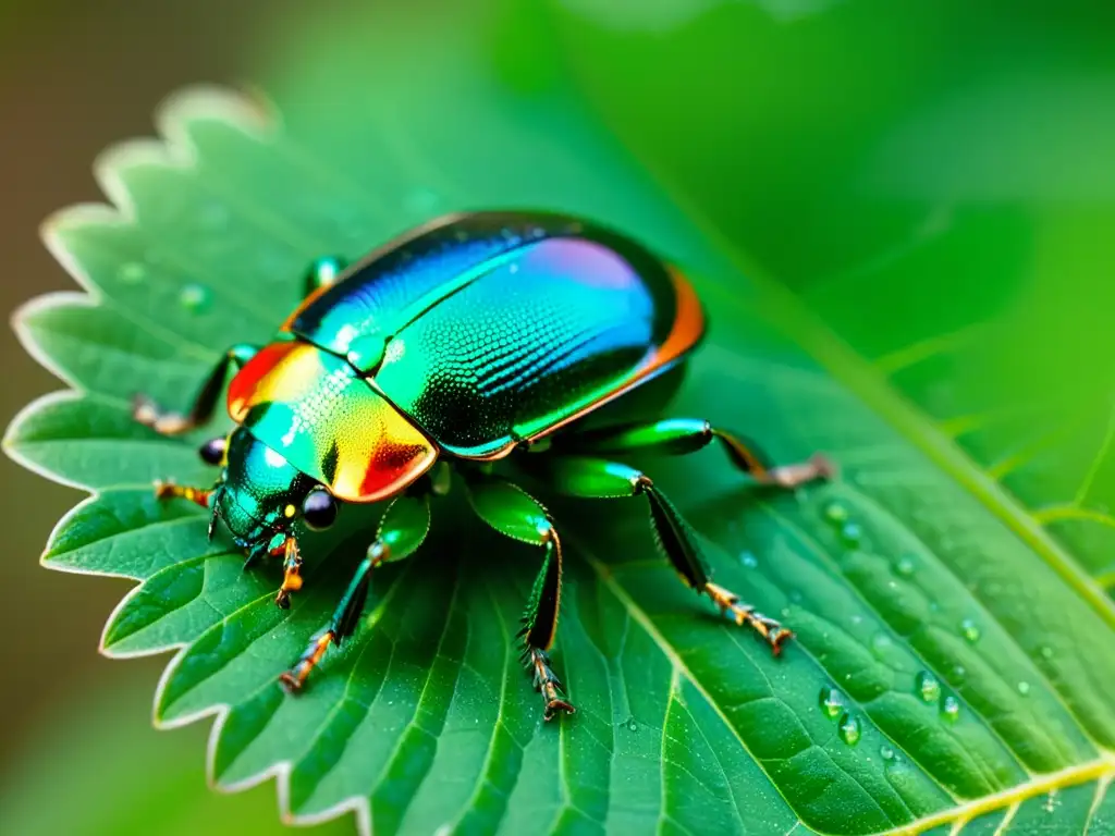 Detalle impresionante del escarabajo verde metálico con patrones iridiscentes, iluminado por el suave sol