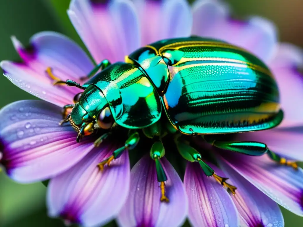 Detalle impresionante de un escarabajo verde metálico en una flor morada, resaltando la importancia de los insectos en ecología