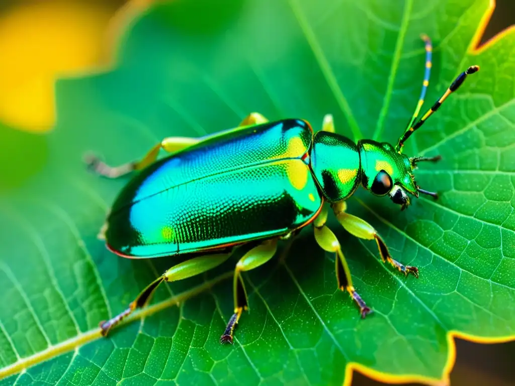 Detalle impresionante de un escarabajo verde metálico sobre una hoja