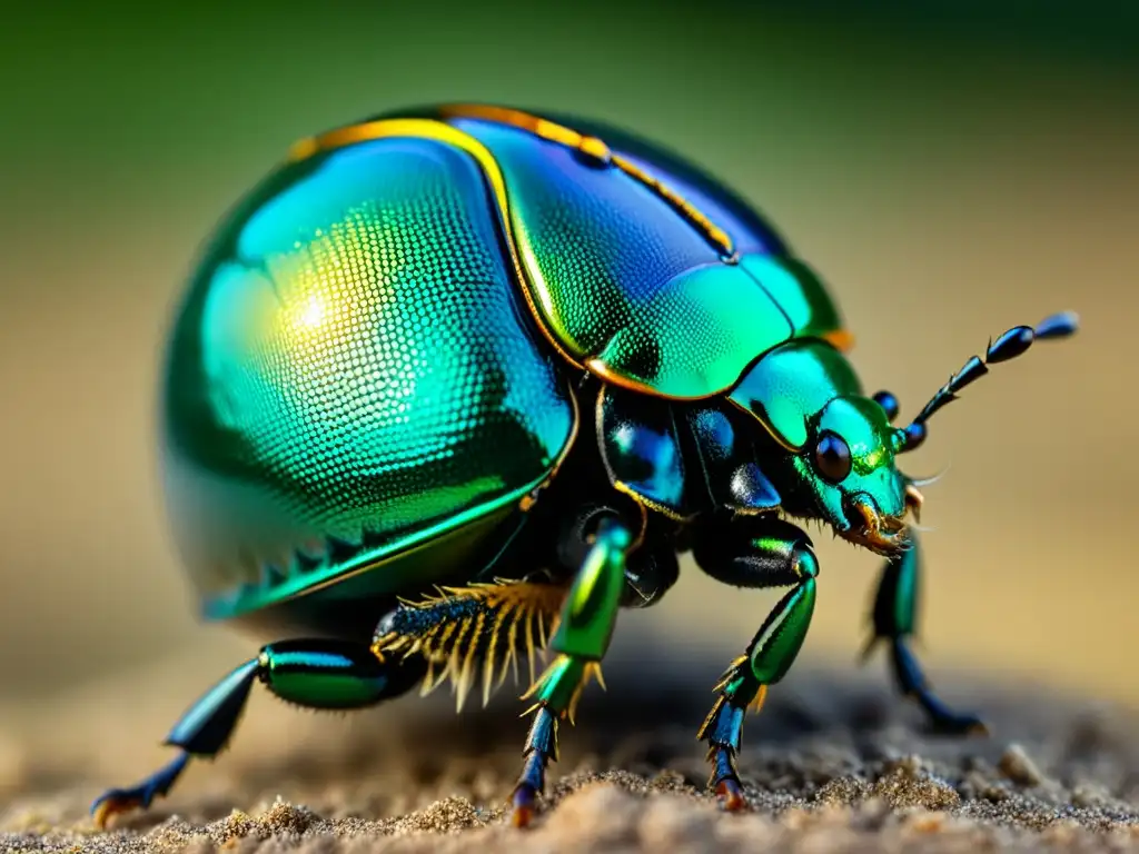 Detalle impresionante del escarabajo verde sobre una pelota de excremento, destacando su comportamiento viaje escarabajos peloteros