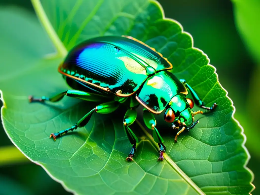 Detalle impresionante de un escarabajo verde metálico sobre una hoja, mostrando la belleza y complejidad de la entomología en macro